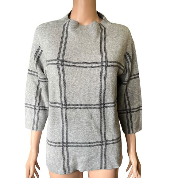 J. Jill Windowpane Plaid Mock Neck Gray Pullover Sweater Preppy Cabincore Ski MP - Picture 1 of 7